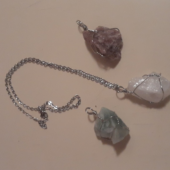 Artisan rough cut multi gemstone necklace, silvertone with stainless steel, 20" - Picture 2 of 6